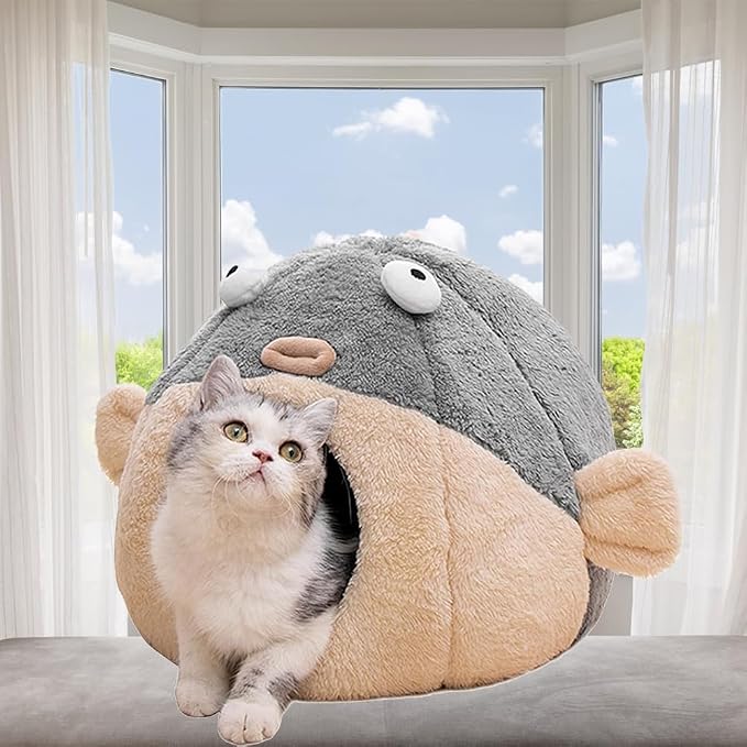 Cat Beds for Indoor Cats-19.7''Cute Pufferfish Larger Cat Cave Bed,Grey XL | 2 in 1 Animal-Shaped Cat House with Removable Washable Cushioned Pillow,Soft plush Cat Tent for cat Hideaway,Machine Washable