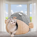 Cat Beds for Indoor Cats-19.7''Cute Pufferfish Larger Cat Cave Bed,Grey XL | 2 in 1 Animal-Shaped Cat House with Removable Washable Cushioned Pillow,Soft plush Cat Tent for cat Hideaway,Machine Washable