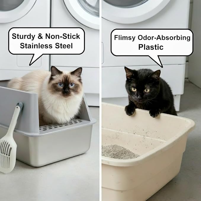 XL Stainless Steel Litter Box 2 Pack, Metal Cat Litter Box with Lid | Large to XLarge High Sided, Easy Clean, Non Stick & No Smell