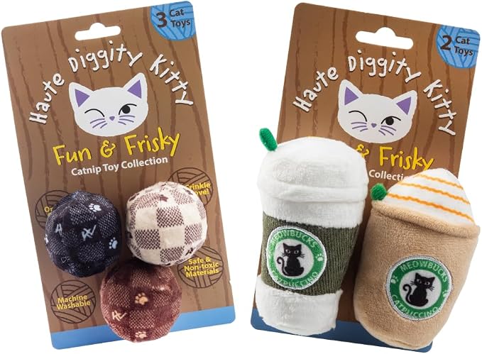 Haute Diggity Kitty Vuiton Balls + Meowbucks Catpuccino Soft Plush Cat Toys | 5 Pack Catnip Toys with Interactive Crackle Sound, Safe & Durable Cat Nip Kicker Toy for Outdoor & Indoor Cats & Kitten