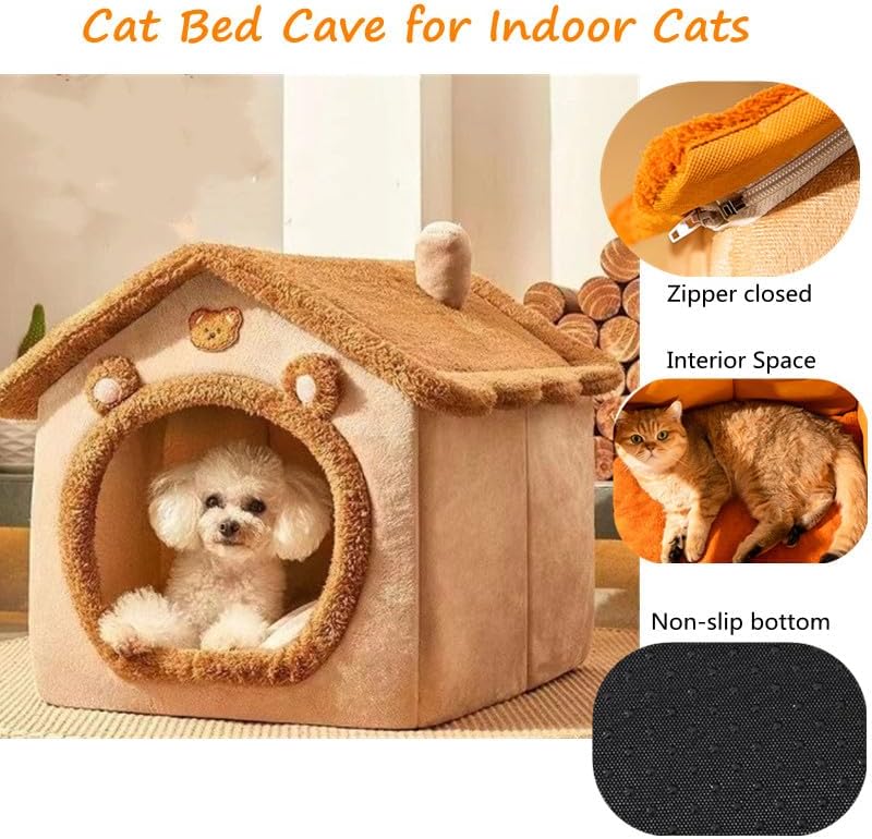 Cat Beds for Indoor Cats Small Dog,Cute Bear Cat Bed Cave Cat House, L - Image 6