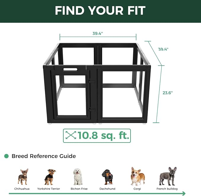 FXW AuraSpace Clear Acrylic Indoor Dog Playpen, 24" H, 8 Panels, Black | Open View, Modern Home Fit, No Climbing Bars, Tool-Free Setup, For Puppies & Small Dogs