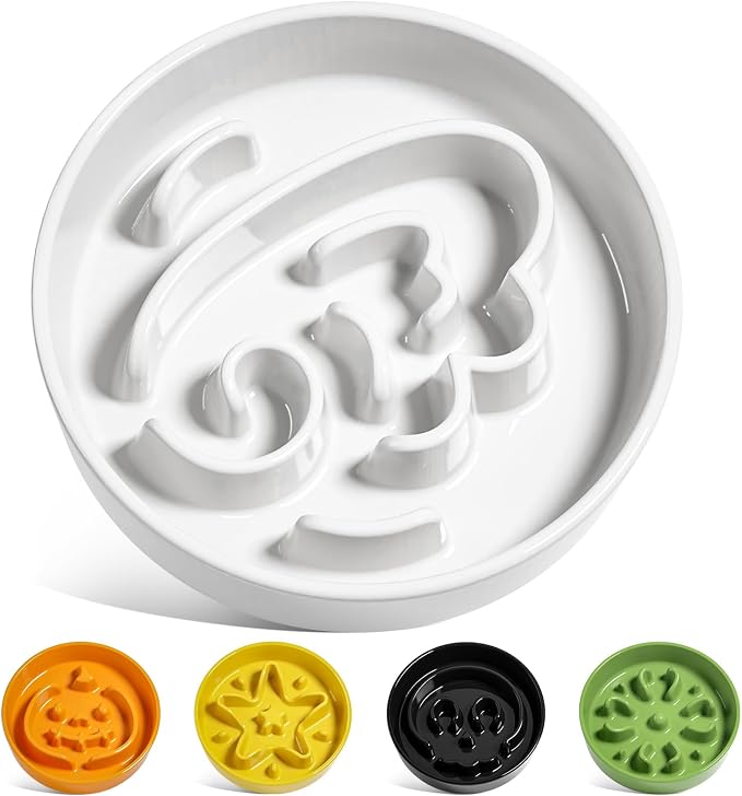 LE TAUCI Ceramic Slow Feeder Dog Bowls Small Breed, 0.6 Cups Dog Food Dish for Fast Eaters, Puzzle Bowl for Small Dogs and Cats,Angle White