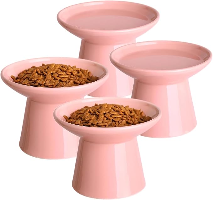 Ceramic Elevated Cat Bowls - 6.2 Inch Extra Wide Raised Cat Food and Water Bowl Set for Indoor Cats, Whisker-Friendly Ceramic Cat Dish for Elder Big Cats & Small Dogs,Pink,4 Pack