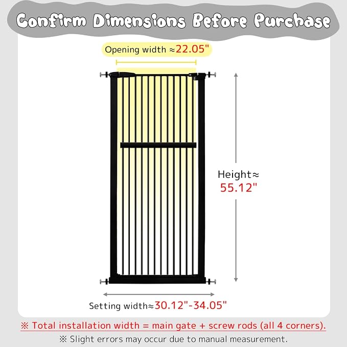 Lumizone 55.12" Extra Tall Pet Gate for Cat Dog 30.12"-34.05" Wide Black | Extra Tall Cat Gate for Doorway Hallway Stairs Pressure Mounted 1.37" Gap No Drilling Auto-Close Dual-Lock