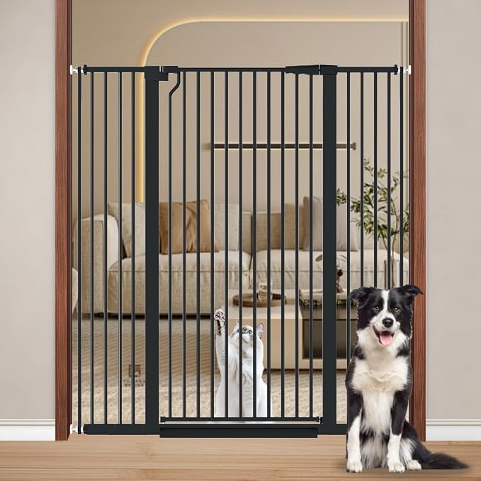 Fairy Baby 51.1" Extra Tall Pet Gate 29.5"-48.4" Extra Wide Cat Dog Gates | Tall Baby Gate for Doorway, Pressure Mounted No Drill, 1.37" Narrow Bar Spacing, Walk Thru Auto Close Metal Doggy Gate, Black
