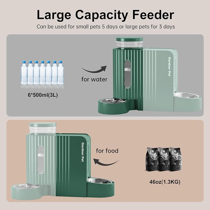 Gardner Pet Automatic Gravity Cat Food Feeder and Water Dispenser Stainless Steel Two-in-One Set Large Capacity Dispenser for Pets Dogs, Puppies, Kittens-(0.8 Gallons x 2)