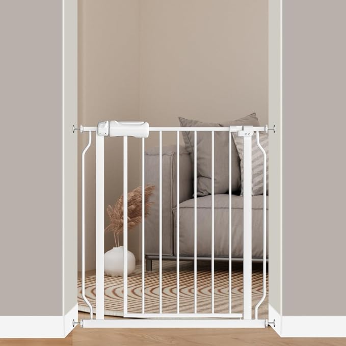 Fairy Baby 29-34 Inch Extra Wide Baby Gates for Doorways Stairs Hallway | Walk Through Pressure Mounted Baby Gates, Indoor Safety Child Gates for Kids or Pets, Double-Lock, One-Hand Operation, White