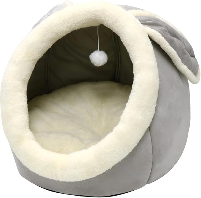 Cat Beds for Indoor Cats-Rabbit-Shaped Cat Cave Bed with Hanging Toy,Grey L | Super Soft Calming cat Tent house for Kitten&Puppy,Warm Plush&Machine Washable&Removable Cushioned Pad,Cute cat Hideaway