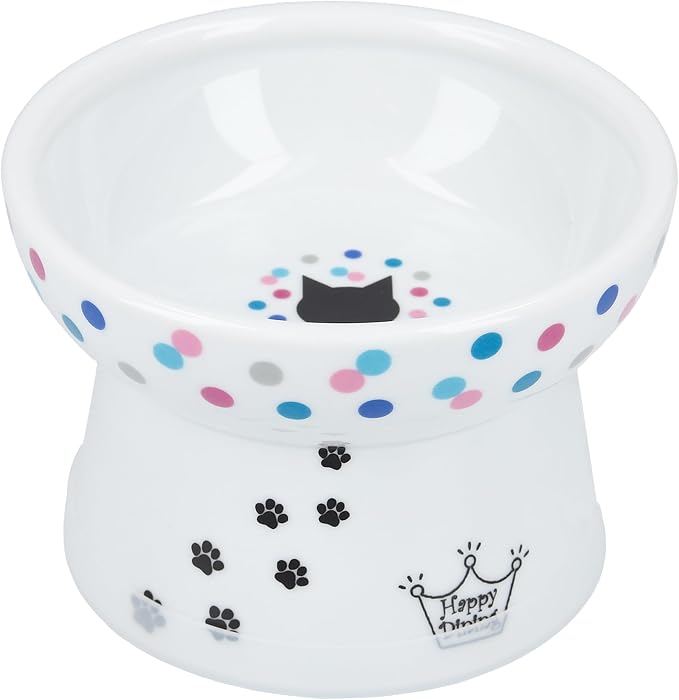 Necoichi Ceramic Raised Cat Food Bowl, 15° Tilted (Colorful Dots, Regular)