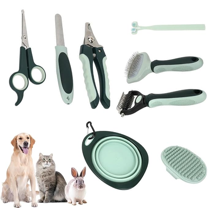 Lukshalse 8 in 1 Pet Grooming Rake and Dematting Comb, Pet Dog Cat Bowl Toothbrush Comb Set Effective Float Hair Remover Clean Tool