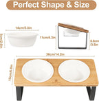 Sunhoo Ceramic Elevated Cat Bowls Raised Puppy Dishes for Food and Water Tilted Wooden Stand for Indoor Cats 5.5 inch Wide Double Dish Orthopedic Reduces Vomiting (Wood Color)