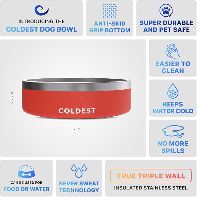 Coldest Dog Bowl - Anti Rust Metal, Non Slip, 3 Layers Insulated Stainless Steel Dog Bowls - Spill Proof & Heavy Duty - Water Bowl for Dogs, Cats & Pets, Dish Washer Safe (42 oz, Crimson Red)