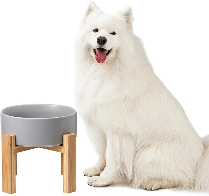 Elevated Ceramic Large Dog Bowl - Raised Dog Dish with Bamboo Stand - Heavy Weighted, No Tip Over, Comfortable Eating - 8.4" Diameter - 4.5 Cups - 68 fl oz - Grey