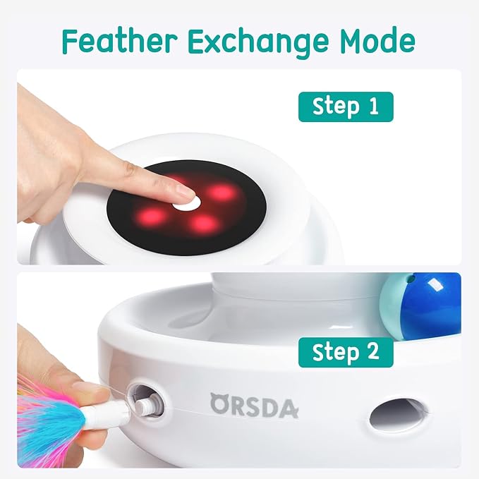 ORSDA Cat Toys 2-in-1 Interactive Cat Toys for Indoor Cats, Automatic Cat Toy Balls, Mice Toys Ambush Feather Kitten Toys with 7pcs Attachments, Dual Power Supplies, Adjustable Speed, Auto On/Off