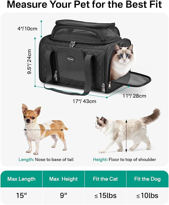 Top Expandable Cat Carrier for Airline Travel, 17x11x9.5 in, Black | Stable reinforced frame, locking zippers, and breathable mesh for airport waits, vet visits, road trips, and daily travel