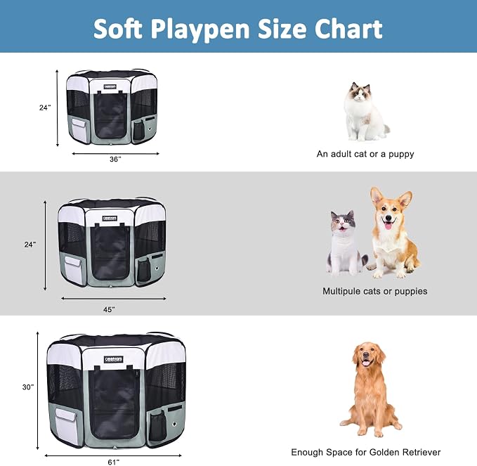 JESPET Pet Dog Playpens 36", 45" & 61" Portable Soft Dog Exercise Pen Kennel with Carry Bag for Puppy Cats Kittens Rabbits, Indoor/Outdoor Use