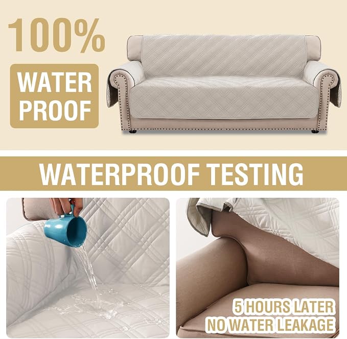 H.VERSAILTEX 100% Waterproof Sofa Covers for 3 Cushion Couch Modern Sofa Cover for Dogs XL Couch Covers for Oversized Sofa with Elastic Straps (Oversized Sofa, French Oak/Beige)