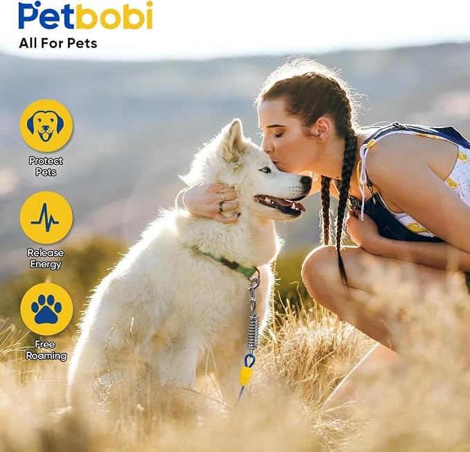 Petbobi Dog Tie Out Cable and Stake, 30ft Heavy Duty Dog Leads for Yard | 4in Shock Spring, 16in Spiral Ground Anchor, 360° No-Tangle Swivel, Chew-Proof Rustproof Wire, Up to 120 lbs, Outdoor Camping