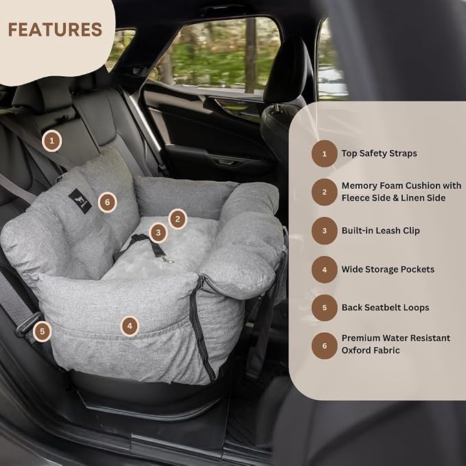 JACKO & CO - Premium Dog Car Seat Bed V2 for Small & Medium Pets Under 40lbs - Water Resistant, Machine Washable, Removable Covers, Clip-On Leash for Back Seat Use (Ultra Prem, Beige Medium 25-45lbs)