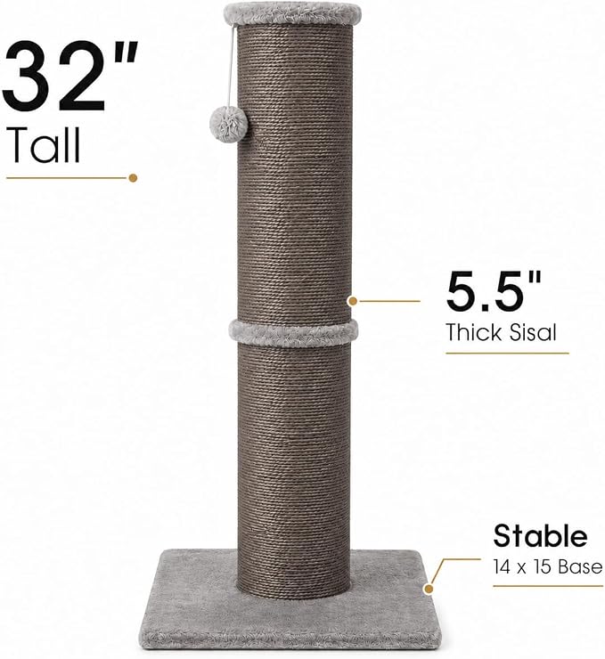 PAWSCRAT 32-Inch Tall Cat Scratching Post, 5.5-Inch Diameter, Sisal, Gery | Natural Sisal Scratching Surface with a Dangling Ball for Indoor Cats, Scratch-Resistant Durable and Protect Your Furniture