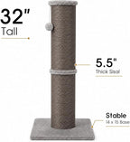 PAWSCRAT 32-Inch Tall Cat Scratching Post, 5.5-Inch Diameter, Sisal, Gery | Natural Sisal Scratching Surface with a Dangling Ball for Indoor Cats, Scratch-Resistant Durable and Protect Your Furniture