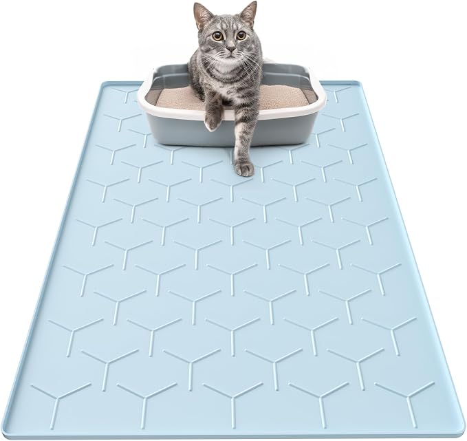 Garoopion Silicone Cat Litter Mat 34×22 inch, Easy to Clean, Blue | Waterproof Silicone Mat with Raised Edges, Catch Litter, Protect Floor from Urine, Multi-Use for Dog/Sink/Kitchen/Boots