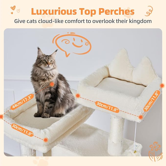 Taoqimiao Cat Tree, 71 in Extra Large Cat Tower for Inddor Cats, MS026LM | 2 Large Cat Condos, 2 Cute Perches, Metal Frame Cozy Hammock, Durable Scratch Board, 8 Natural Sisal Posts, Basket, Beige