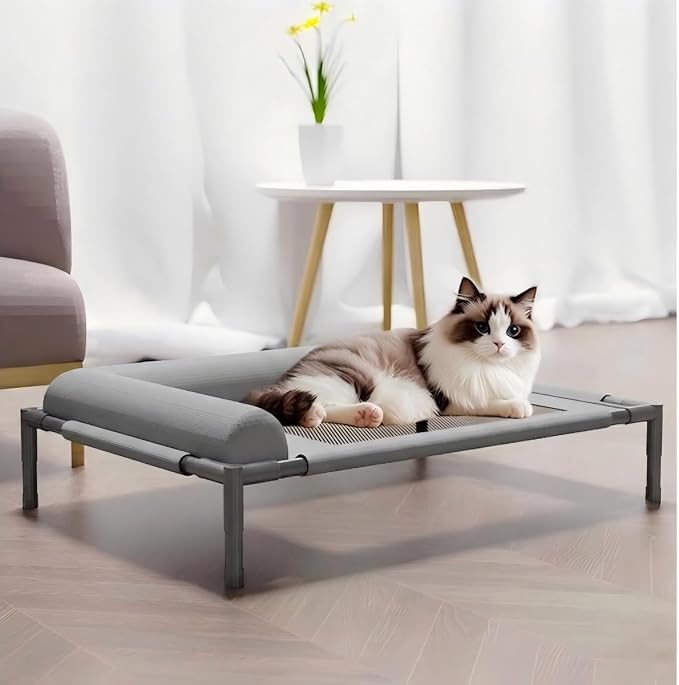 Elevated Dog Bed with Breathable Mesh Hammock, Heavy Duty Steel Frame Raised Indoor Outdoor Dog Bed for Large Cats, Medium & Small Dogs, 25.98"x17.72" Up to 140lbs, Gray