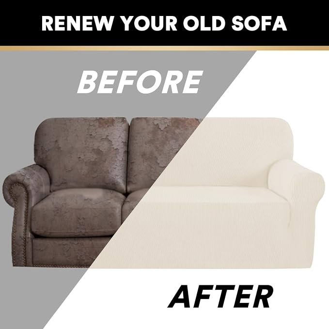 Stretch Sofa Slipcover 1 Piece Sofa Cover for 3 Cushion Couch Furniture Protector/Cover Couch with Elastic Bottom Soft and Durable Sofa Cover Pet Protector (Sofa, Cream)