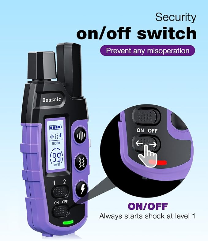 Bousnic Dog Shock Collar - 3300Ft Training Collar with Remote for 5-120lbs Small Medium Large Dogs Rechargeable Waterproof e Collar with Beep (1-8), Shake(1-16), Safe Shock(1-99) Modes (Lightpurple)