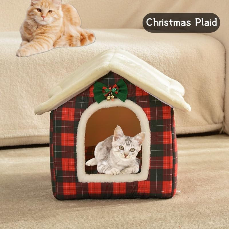 Cat Beds for Indoor Cats, Cute Christmas Plaid Cat Bed Cave - Image 2