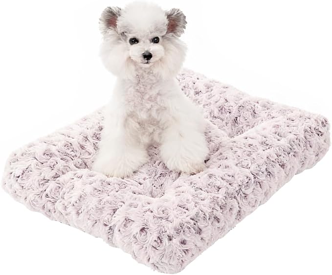 Orthopedic Dog Bed for Dogs, Calming Plush Dog Mat with Thick Cushion Support, Washable Fluffy Pet Bed with Non-Slip Bottom, Soft Indoor Dog Crate Bed (Purple, 23.0" L x 18.0" W x 3.0" Th)