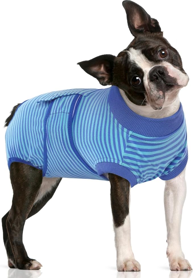 FUAMEY Recovery Suit for Dogs After Surgery,Soft Breathable Dog Bodysuit | E-Collar & Cone Alternative Surgical Suit,Male Female Dog Neuter Spay Suits Anti Licking Wounds Onesie Navy Blue Strips M