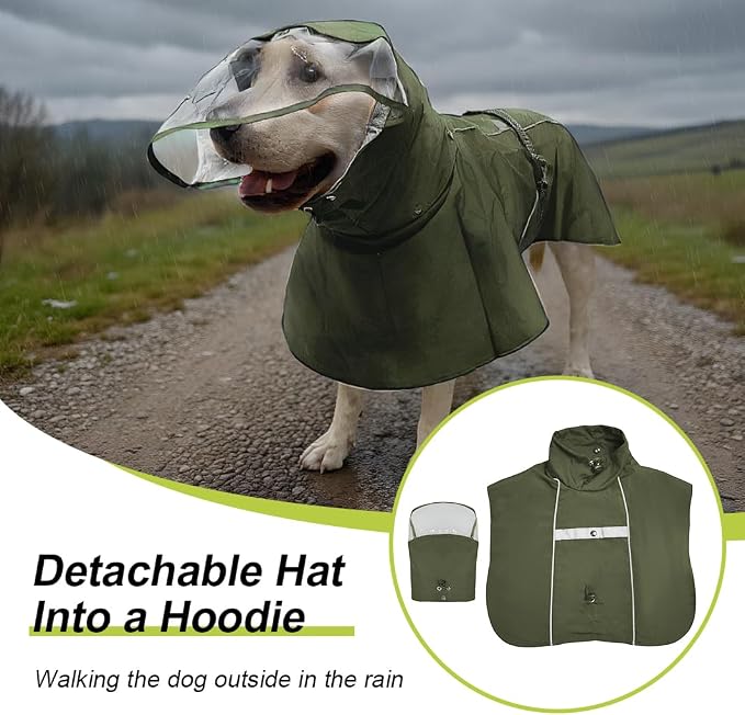 Pet Dog Raincoat Jacket Large Dog Rain Poncho with Transparent Hood, Double-Layer Structure, Adjustable, Waterproof, and Reflective, Suitable for Medium to Large (Army Green, 5XL)
