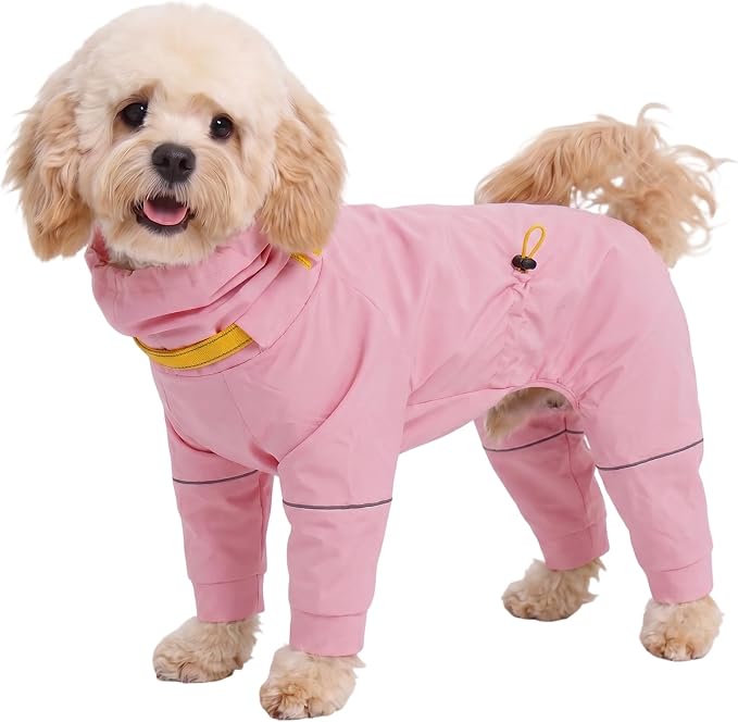 Kouser Waterproof Full-Body Coverage Dog Raincoat, Pink S | Dog Raincoat with Reflective Stripes, Adjustable Dog Rain Jacket with Leash D-Ring, Hooded Poncho for Small Medium Large Dogs