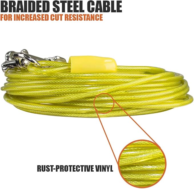 BV Dog Tie Out Cable 25 Feet - Heavy Duty Dog Lead Up to 35 Pounds - Reflective & Rust-Free with Quick Release Swivel Clips & 360° Rotating Clasp - Tangle-Free Dogs Runner for Yard (Yellow, Single)