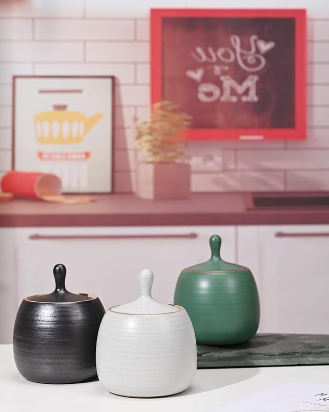 Kitchen Canisters Ceramic Storage Jar with Silicone Airtight Lid Black | Retro Style High Quality Ceramic Food Storage Jar Roud Shape for Tea, Coffee, Nuts, Herb, Spice, Sugar