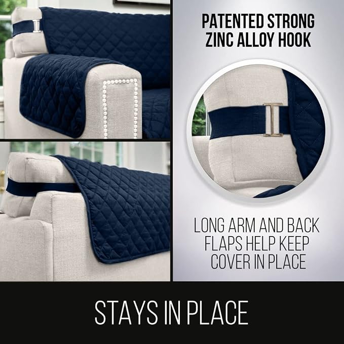 Sofa Shield® Couch Chaise Covers for Dogs, Reversible Furniture Protector with Strap, Stain and Tear Resistant Cushion Cover, 102x34 inch Seat, Machine Washable Slipcover Pets, Cats, Navy Sand