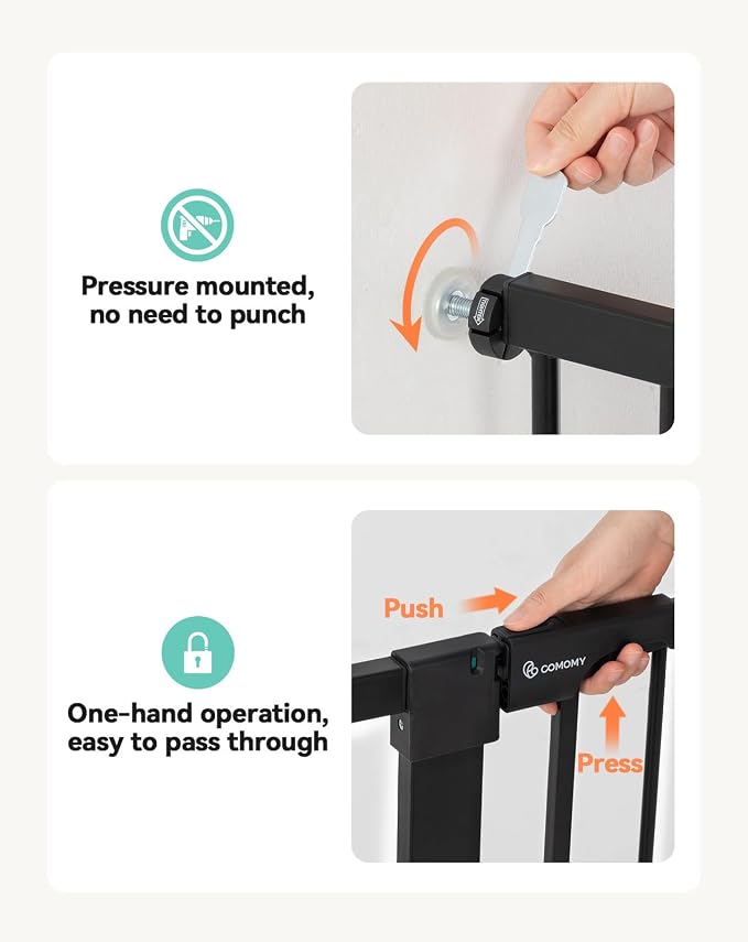 COMOMY 36" Extra Tall Baby Gate for Stairs Doorways, Fits Openings 29.5" to 43.3" Wide, Auto Close Sturdy Safety Dog Gate for House, Pressure Mounted Easy Walk Through Pet Gate with Door, Black