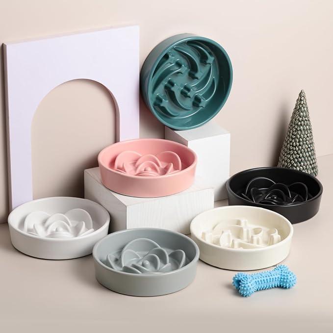8.26 in Grey Dog Bowl Slow Feeder Ceramic for Medium and Large Breed,Pet Feeding Dog Food Water Dish Heavy Weighted,Puppy Bowl for Fast Eaters,Puzzle Slow Eating Dish Modern Maze