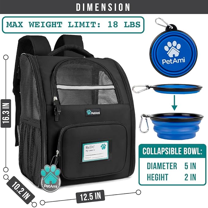 PetAmi Dog Backpack Carrier for Small Medium Dogs Large Cats up to 18 lbs, 2 Side Entry, Structured No-Collapse Frame, Airline Approved Ventilated Pet Backpack for Hiking Camping Travel Vet, Black