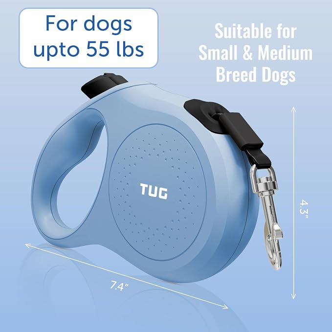 TUG Quest Retractable Dog Leash | 360° Tangle-Free | 16 ft Tape (M, Blue)