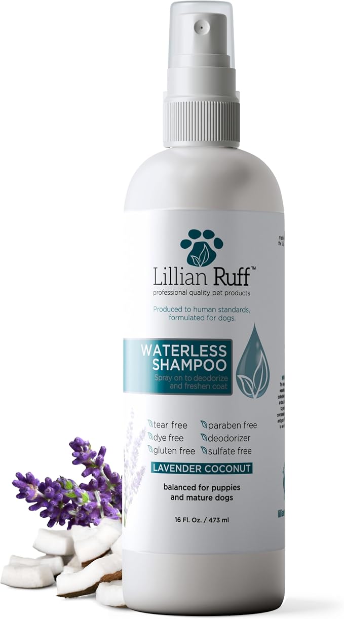Lillian Ruff Waterless No-Rinse Dog Dry Shampoo Spray with Hydrating Essential Oils - pH-Balanced Dry Shampoo for Dogs - Clean, Condition, Detangle & Deodorize Dry, Sensitive Skin (Lavender Coconut)