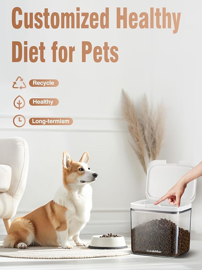 5-10 lb Airtight Dog Food Storage Container, White | Large airtight bin with pop-lock lid and clear body; stores 5-10 lb of dry dog food, cat treats, rice, or flour.