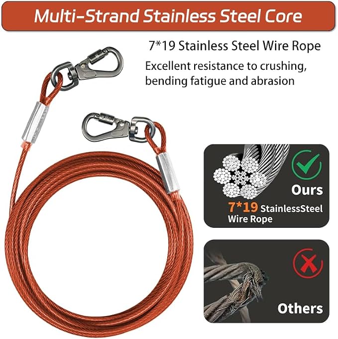 Dog Tie Out Cable - Chew Proof Steel Wire Lead - 360° Tangle Free Outdoor Leash for Pups - Dog Runner Cable for Small to Medium Dogs (Red, 45lbs/30ft)