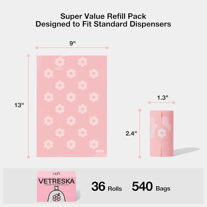 VETRESKA Lavender Scented Dog Poop Bags, Leak Proof, 540 Counts | Extra Thick and Large Pet Waste Bags for Dog Walking and Cat Litter, 36 Rolls