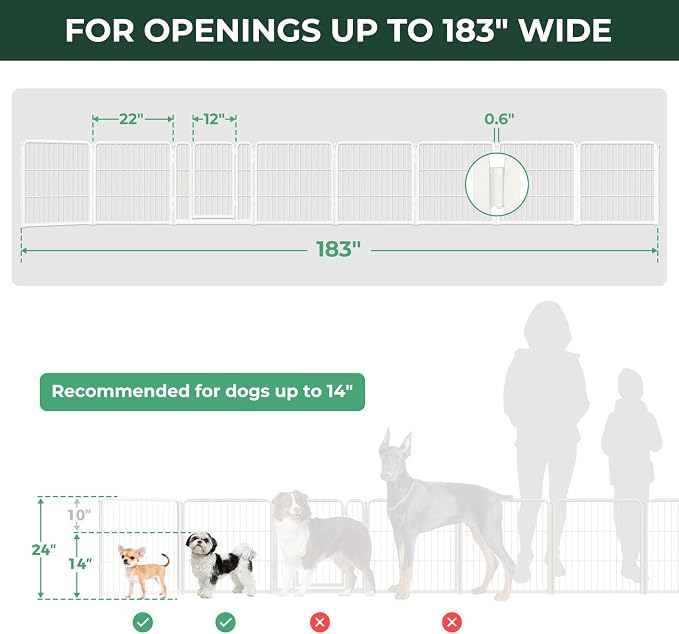 FXW Dog Gate, Extra Wide Adjustable for Openings Up to 183", 24" H | Flexible Space Control, Easy Walk-Through Access, 7 Panels + 1 Gate, For Puppies & Small Dogs, Garage Use