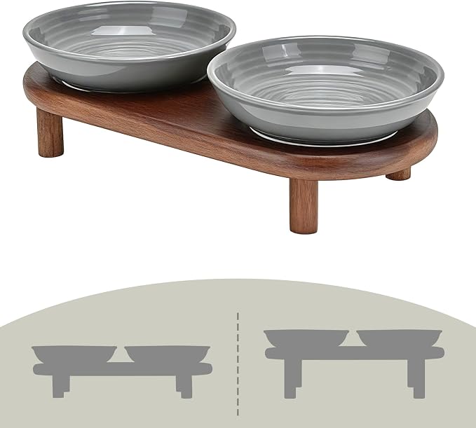 SPUNKYJUNKY Shallow Elevated Cat Bowl with Acacia Wood Stand Wide Raised Ceramic Cat Dishes Whisker Friendly Pet Food and Water Plates (Striped Pattern, Gray)