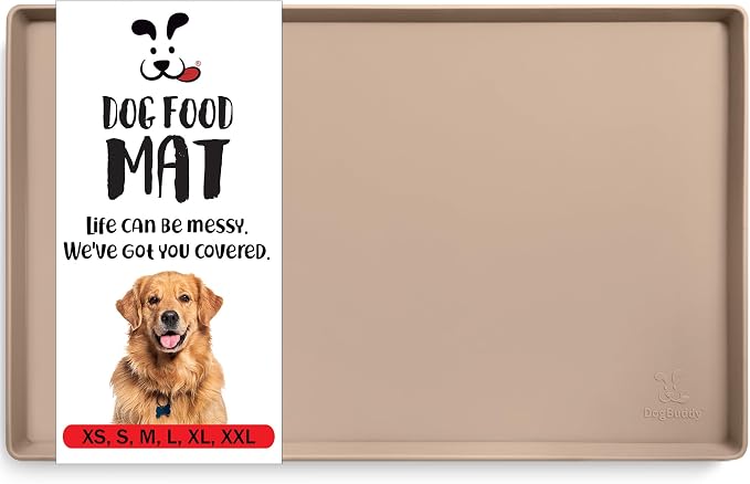 DogBuddy Dog Food Mat – Waterproof Dog Bowl Mat for Food and Water, Silicone Pet Feeding Mats for Floors, Non-Slip Placemat with High Edges for Dogs Bowls, Puppy Essentials (Large: 24"x16", Taupe)